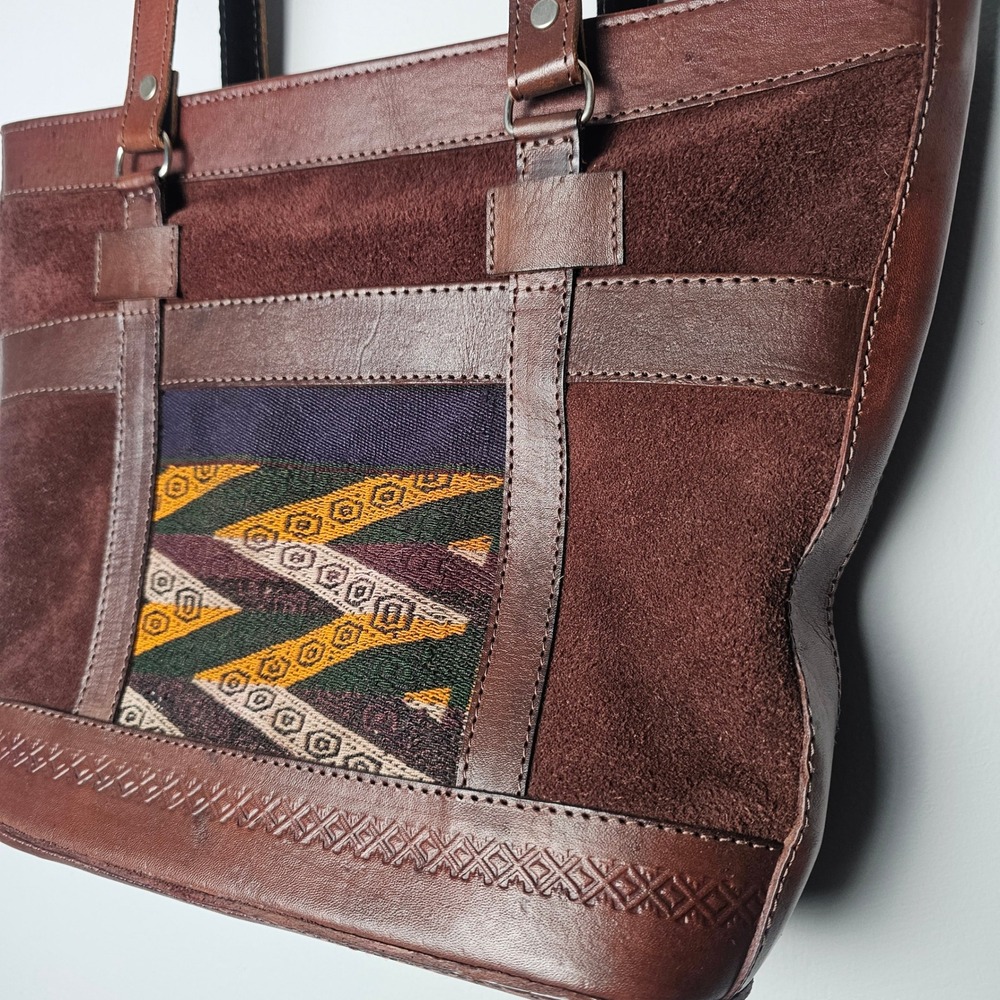 Handmade Bolivian Leather Suede Tote Bag Brown Geometric Woven Textile Artisan‎ - Picture 2 of 12